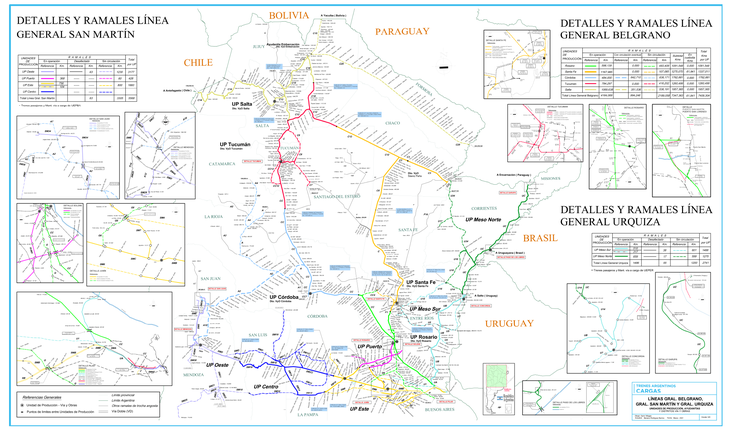 Mapa líneas Belgrano, San Martín, Urquiza: foco privatización para potenciar exportaciones.